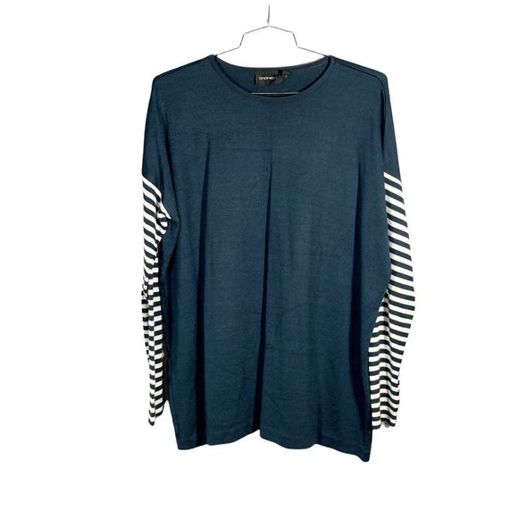Vintage 80s Andrea Jovine Silky Navy Striped Sleeve Sweater Size L - Picture 1 of 3